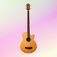 Front view of Washburn AB5 Cutaway Acoustic Electric Bass Guitar (Natural) on yellow and pink gradient background