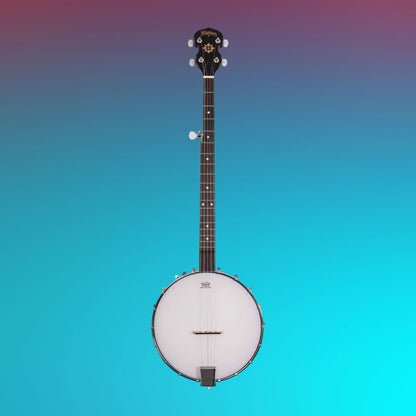 Front view of Washburn B7 Americana 5-String Open Back Banjo on blue gradient background