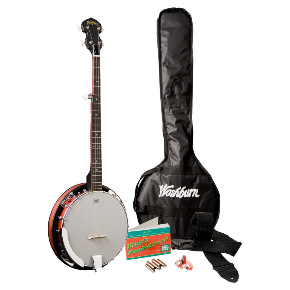 Inclusions of Washburn B8 Pack Americana 5-String Banjo Pack on white background