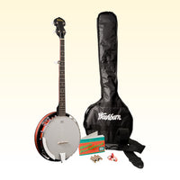 Inclusions of Washburn B8 Pack Americana 5-String Banjo Pack on yellow background