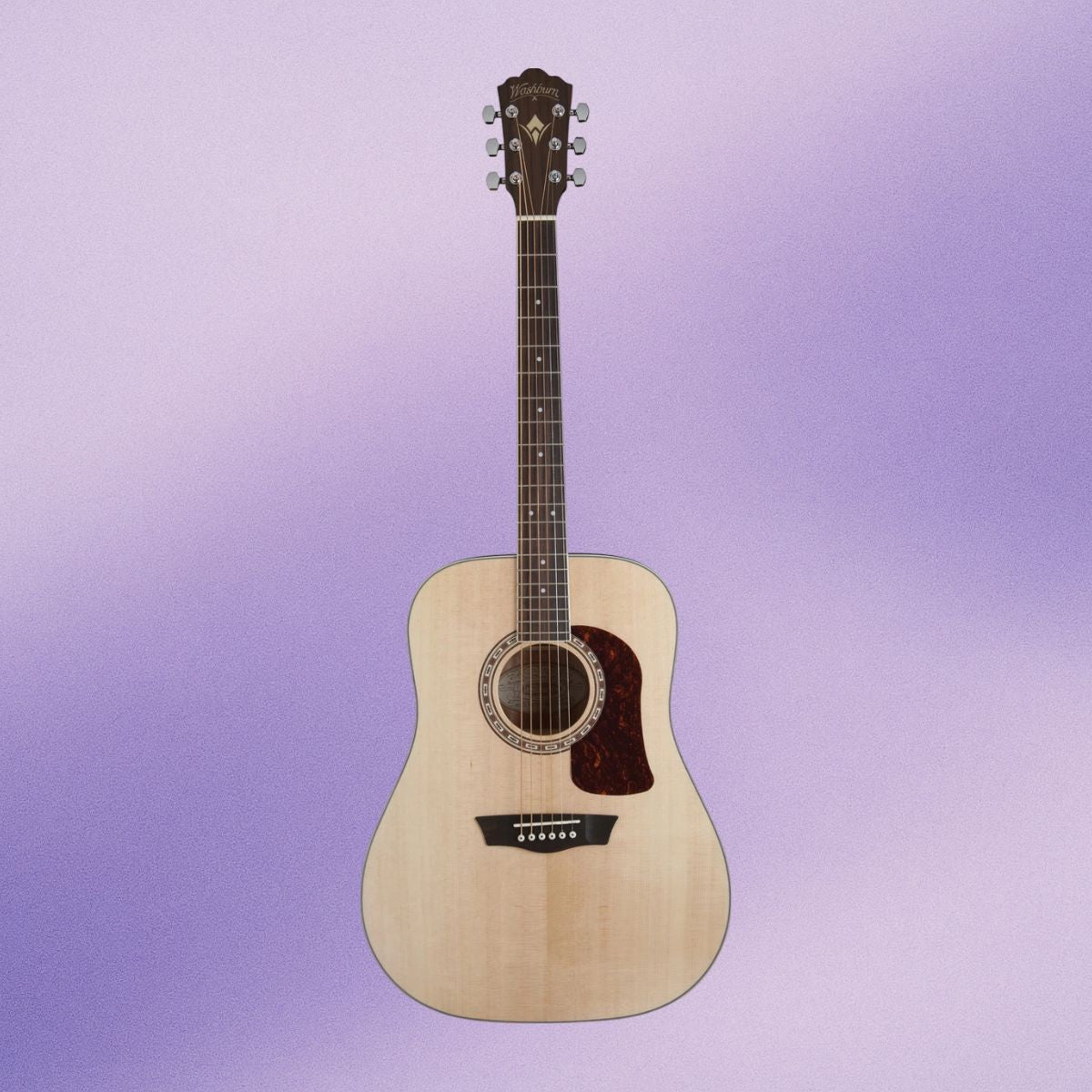 Front view of Washburn D10S Heritage 10 Series Dreadnought Acoustic Guitar on purple background