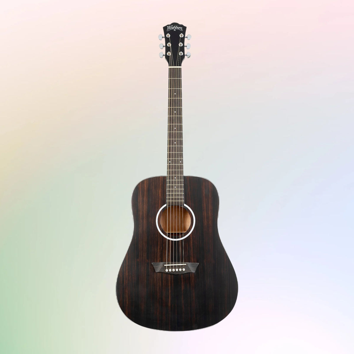 Front view of Washburn Ebony D Acoustic Guitar on multicolored background
