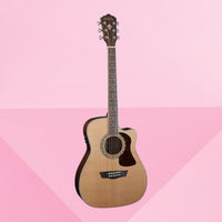 Front view of Washburn F11SCE Heritage 10 Series Acoustic Electric Guitar on pink background
