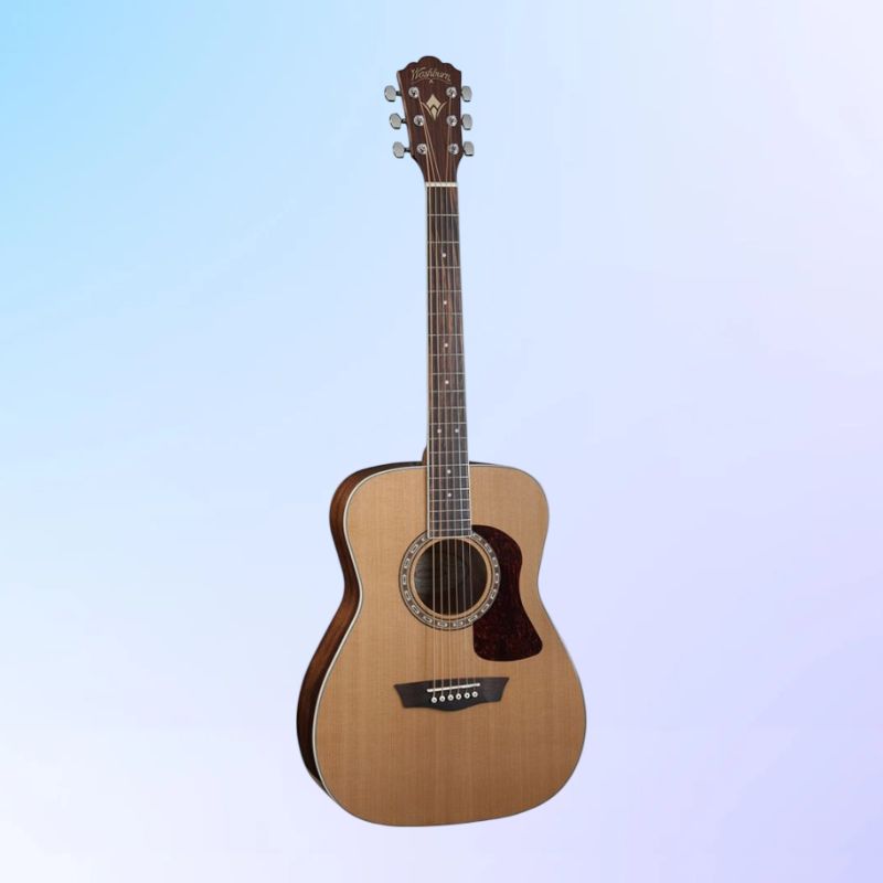 Front view of Washburn F11S Heritage 10 Series Folk Acoustic Guitar on blue and pink gradient background