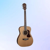 Front view of Washburn F11S Heritage 10 Series Folk Acoustic Guitar on blue and pink gradient background