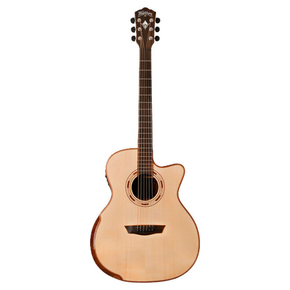 Front view of Washburn G25SCE Comfort Deluxe 25 Acoustic Guitar (Natural) on white background