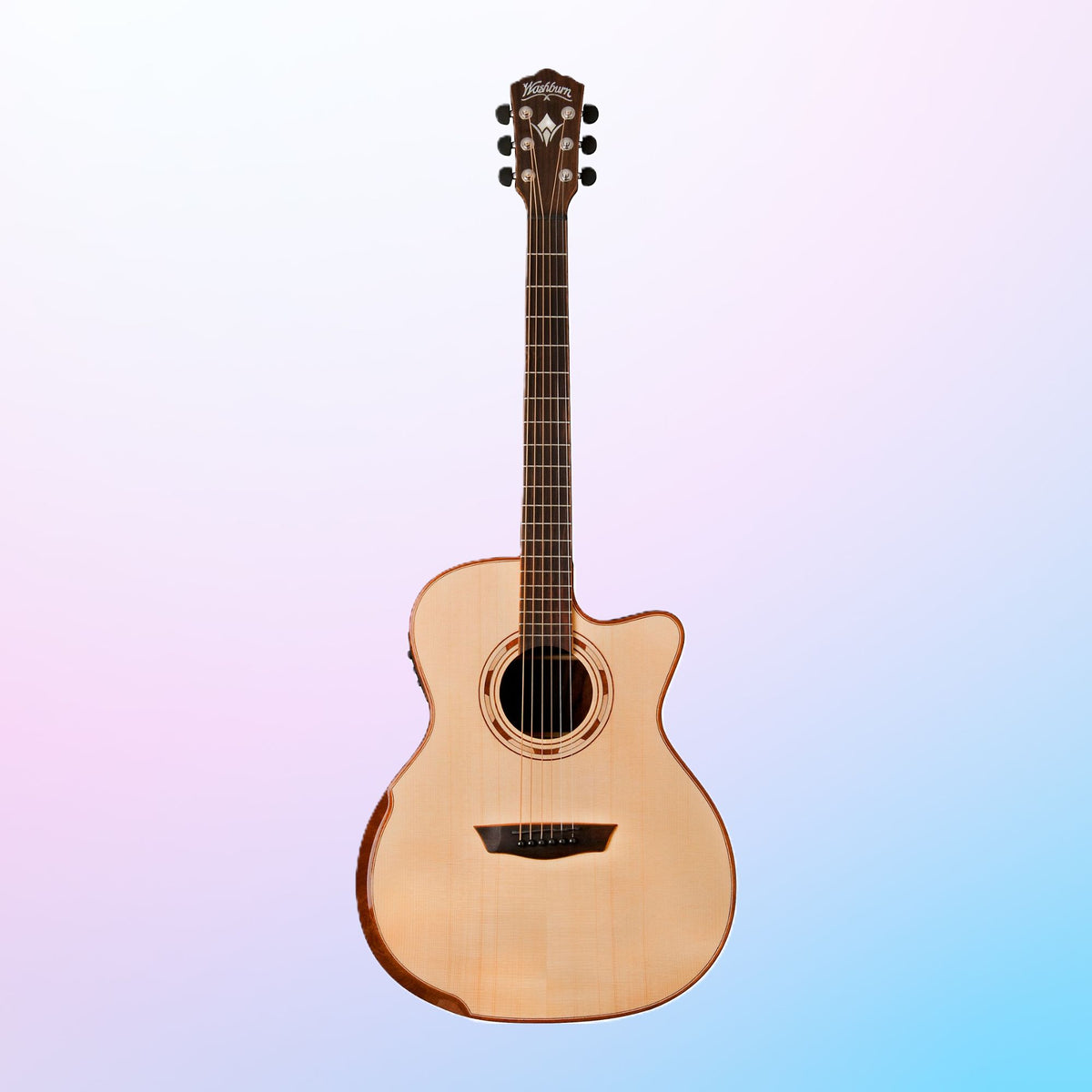 Front view of Washburn G25SCE Comfort Deluxe 25 Acoustic Guitar (Natural) on pink and blue gradient background