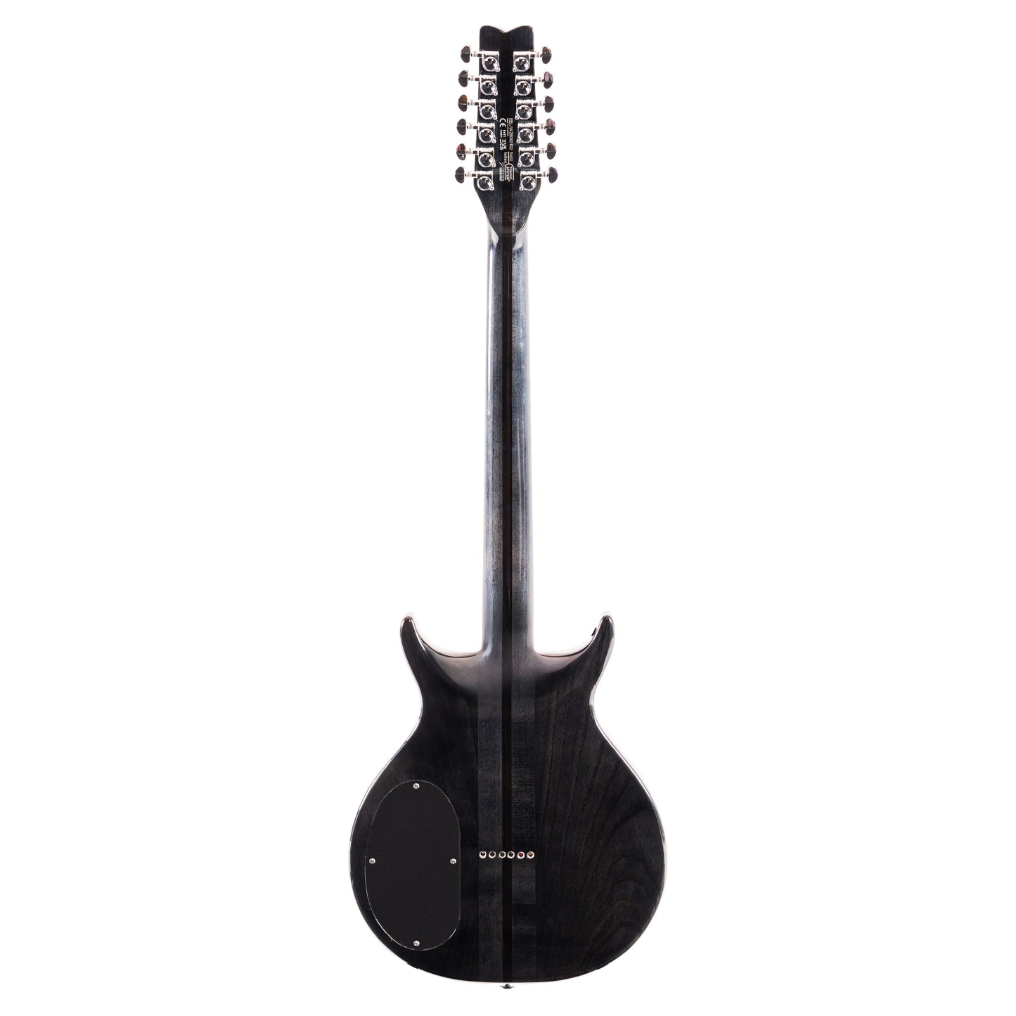 Rear view of Washburn Hawk 12-String Electric Guitar (Trans Black) on white background