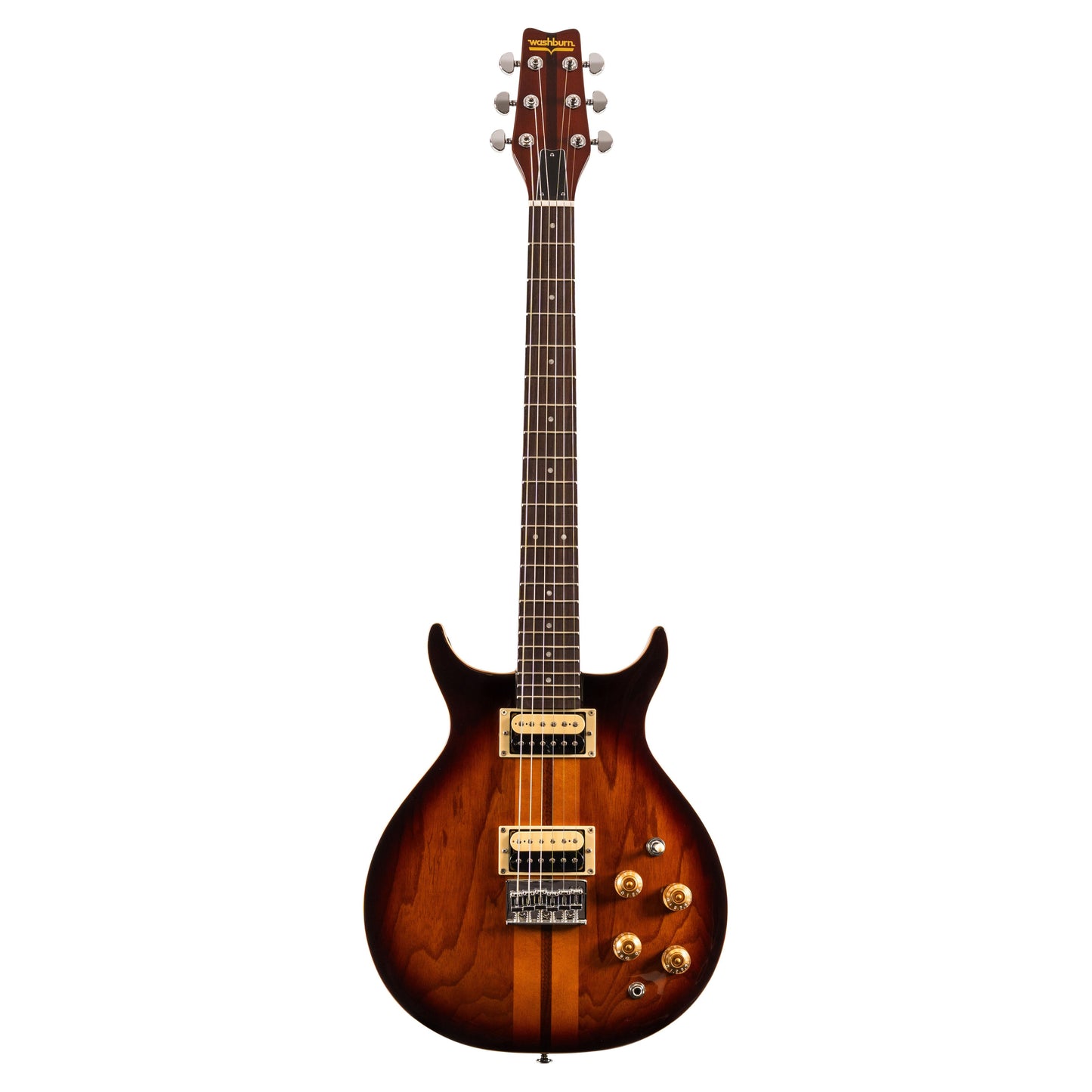 Front view of Washburn Hawk Electric Guitar Tobacco Sunburst on white background