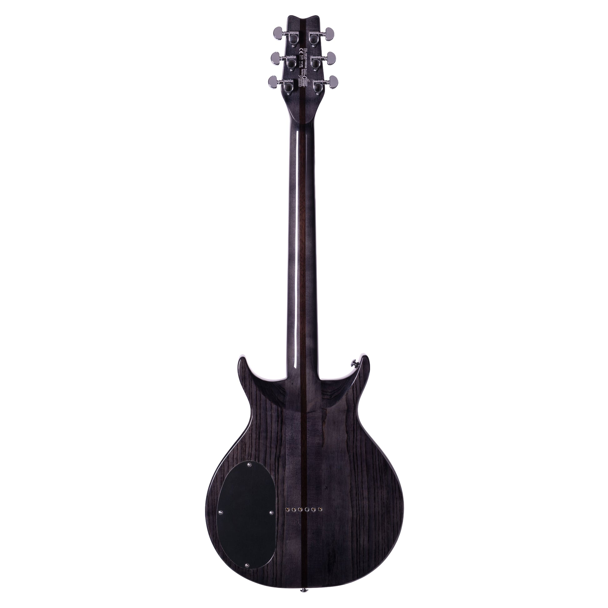 Rear view of Washburn Hawk Electric Guitar Trans Black on white background