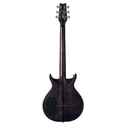 Rear view of Washburn Hawk Electric Guitar Trans Black on white background