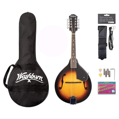 Inclusions of Washburn M1 Pack Americana Series A-Style Mandolin Pack (Sunburst) on white background