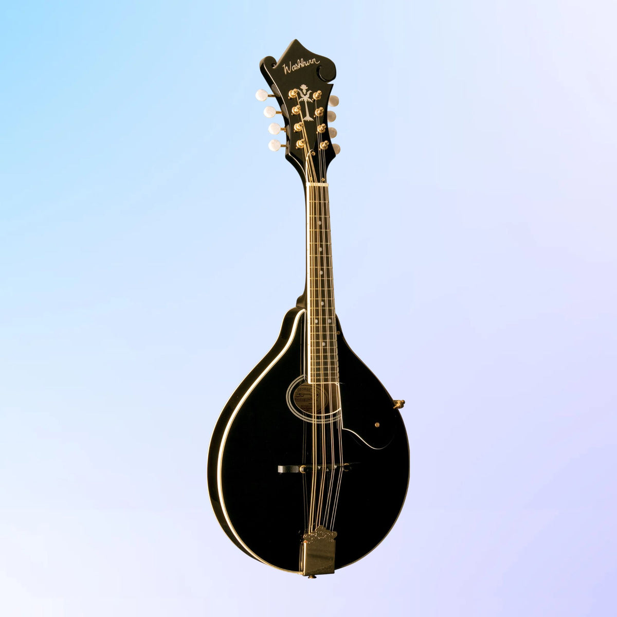 Front view of Washburn M1SD Americana A-Style Mandolin on blue and purple gradient background