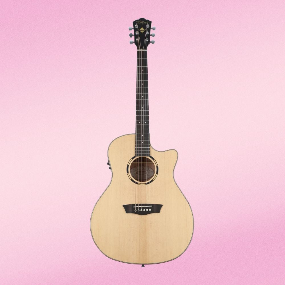 Front view of Washburn O10SCE Woodline 10 Series Acoustic Electric Guitar on pink background
