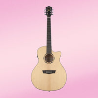 Front view of Washburn O10SCE Woodline 10 Series Acoustic Electric Guitar on pink background