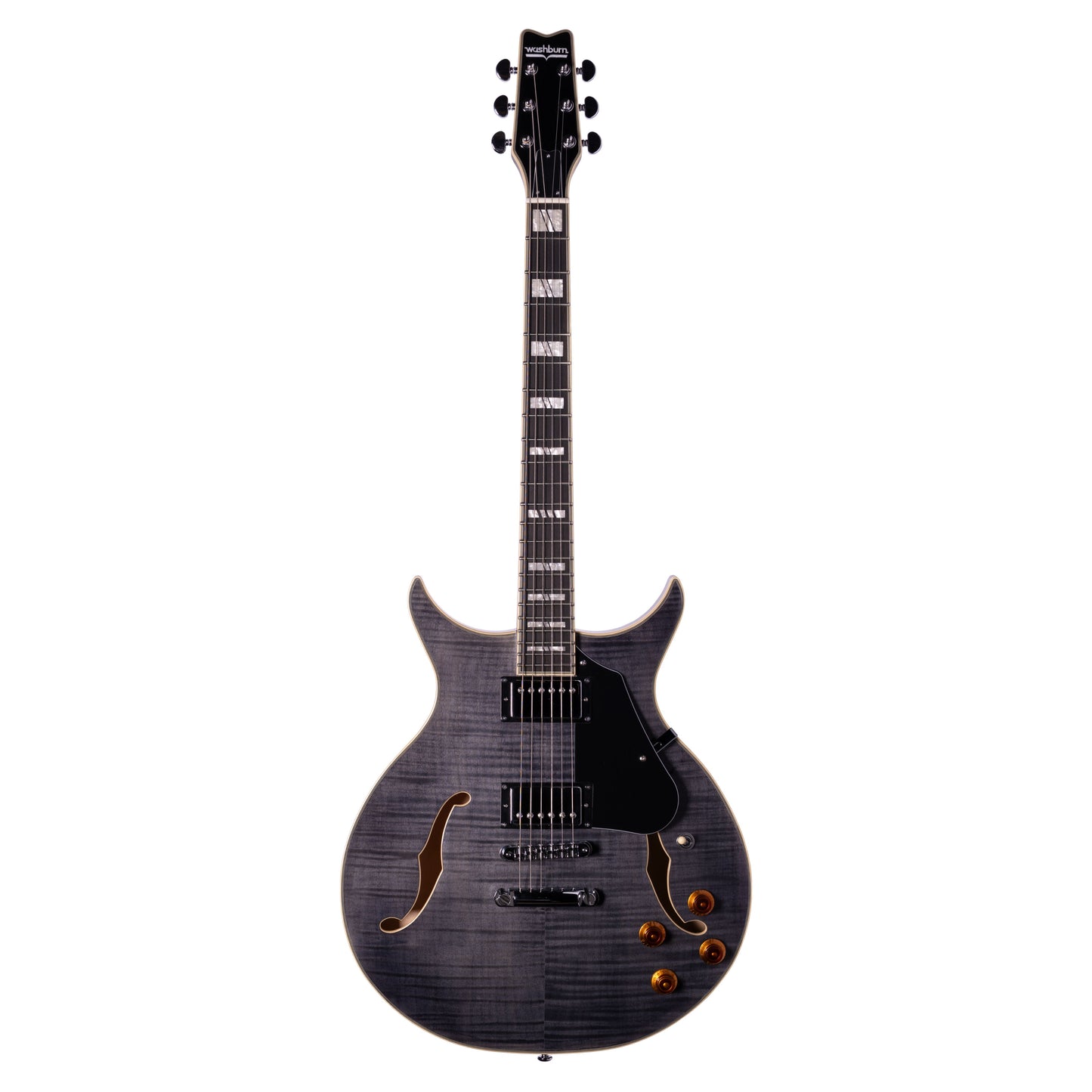 Front view of Washburn SH35 Semi-Hollow Electric Guitar Trans Black on white background
