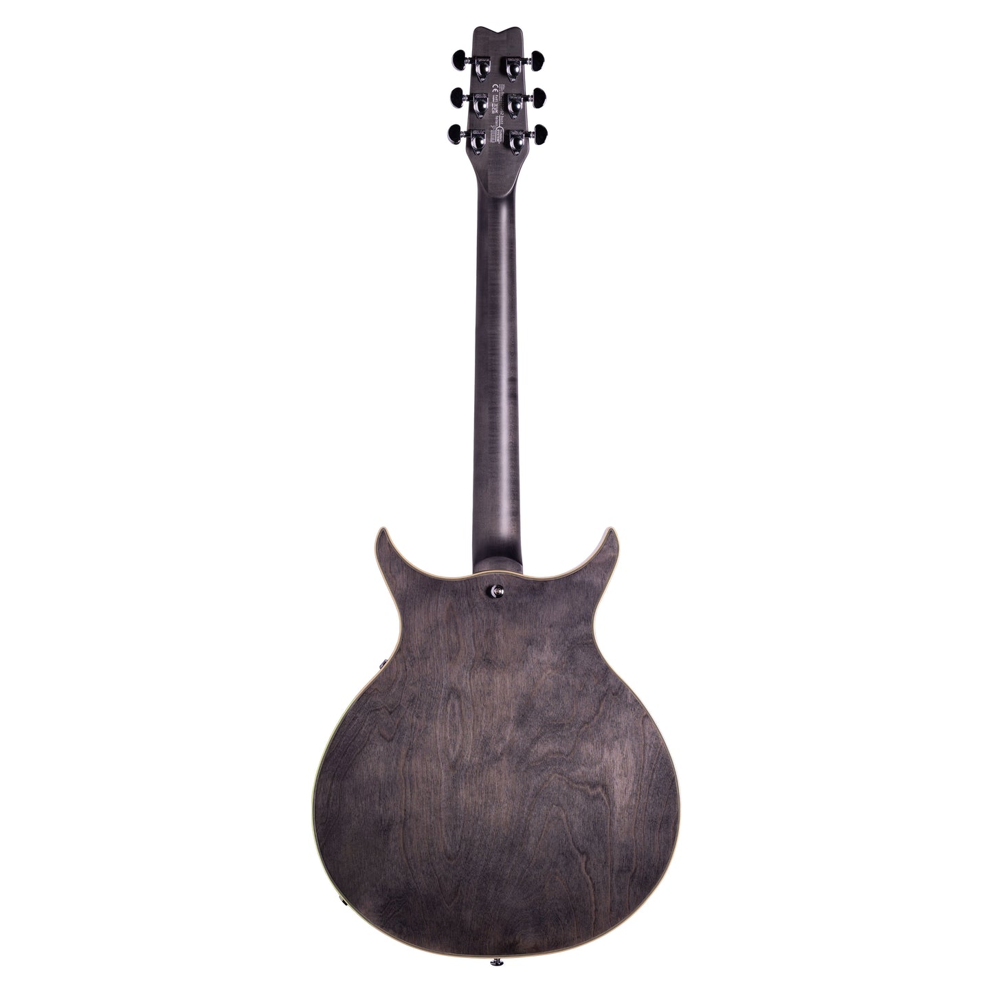 Rear view of Washburn SH35 Semi-Hollow Electric Guitar Trans Black on white background