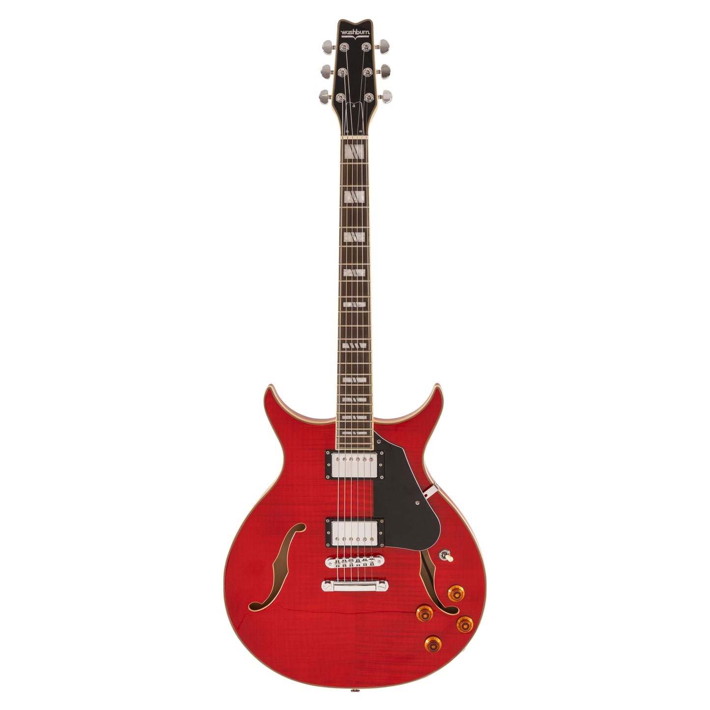 Front view of Washburn SH35 Semi-Hollow Electric Guitar Trans Red on white background