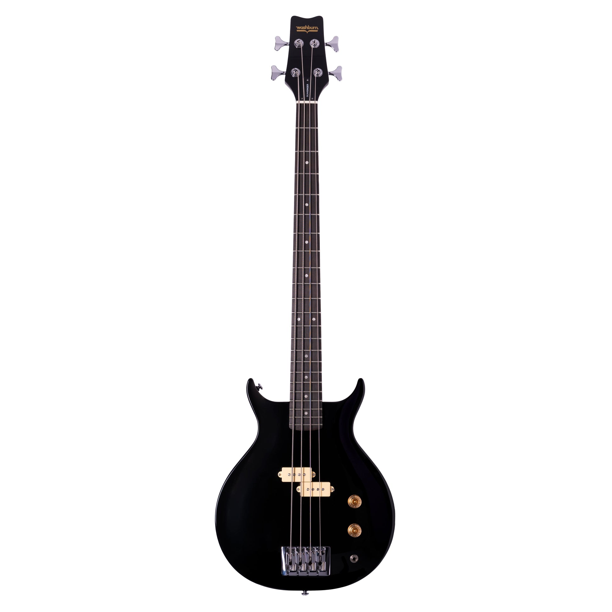 Front view of Washburn Scavenger Bass Guitar Black on white background