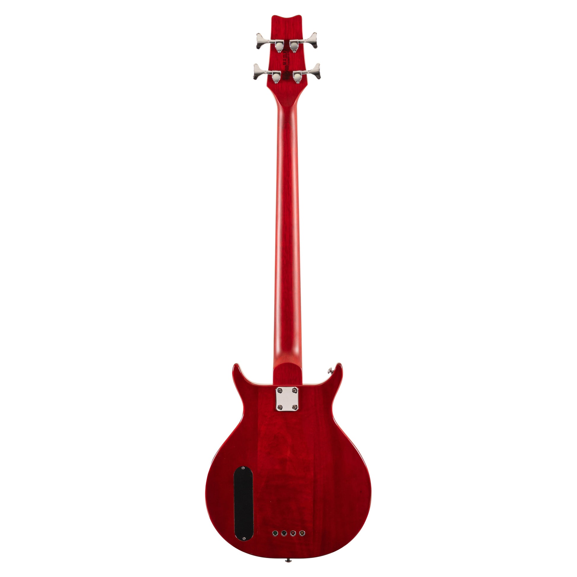 Rear view of Washburn Scavenger Bass Guitar Trans Red on white background