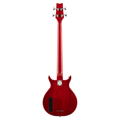 Rear view of Washburn Scavenger Bass Guitar Trans Red on white background
