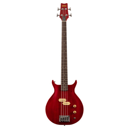 Front view of Washburn Scavenger Bass Guitar Trans Red on white background