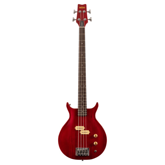 Front view of Washburn Scavenger Bass Guitar Trans Red on white background