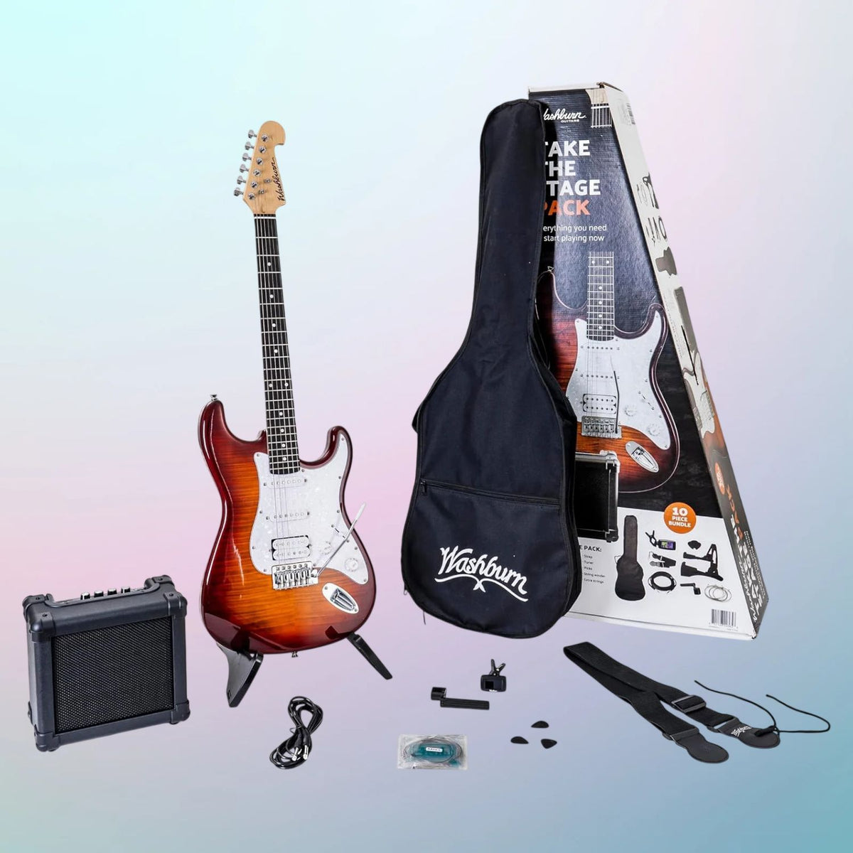 Inclusions of Washburn Sonamaster STAGEPACK Electric Guitar Tobacco Sunburst on multicolored background