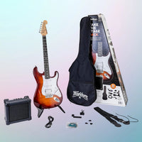 Inclusions of Washburn Sonamaster STAGEPACK Electric Guitar Tobacco Sunburst on multicolored background