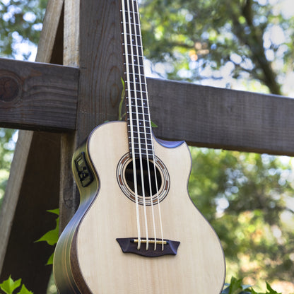 Angled view of Washburn WCBM15SEK Mini Comfort Bass leaning on wooden surface outdoors