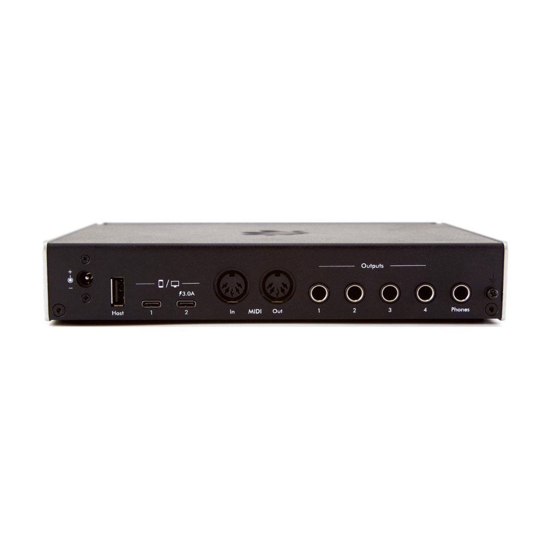 Back view of an electronic device with various ports on a white background