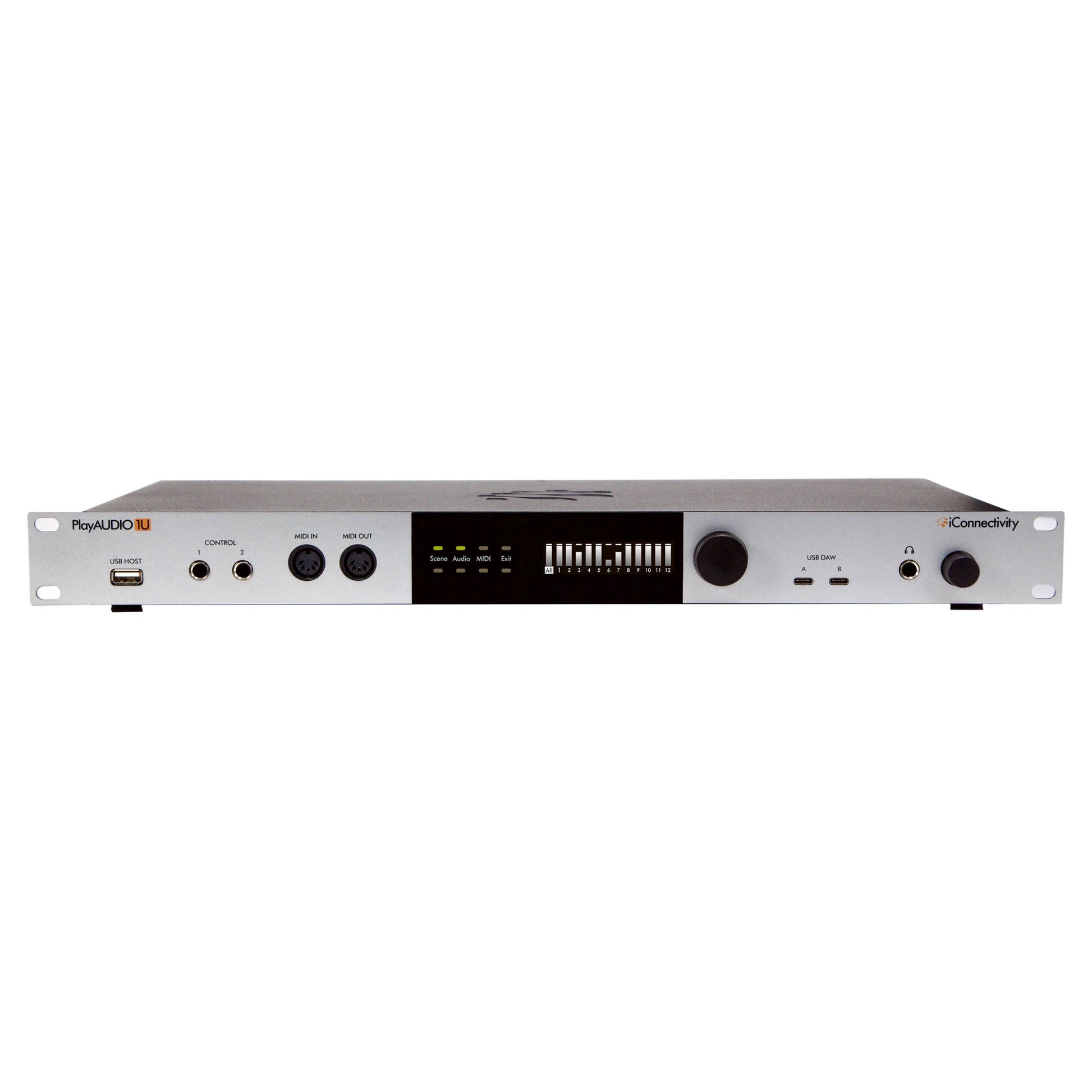 Front view of iConnectivity PlayAUDIO1U Dual USB-C Playback Audio/MIDI Interface on white background