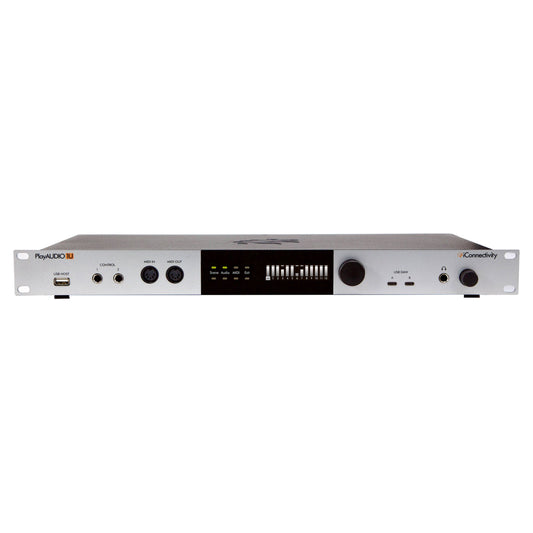 Front view of iConnectivity PlayAUDIO1U Dual USB-C Playback Audio/MIDI Interface on white background