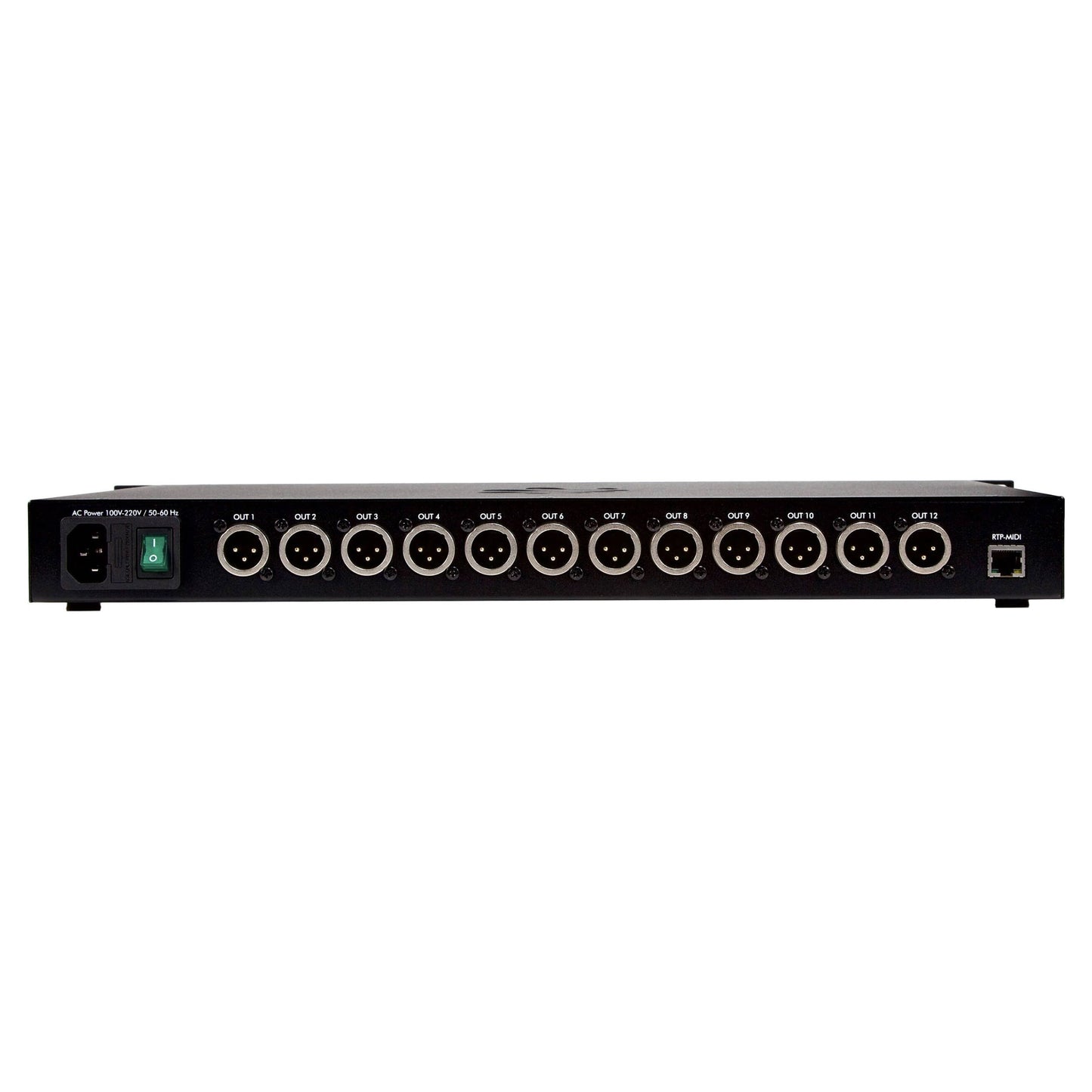 Rear ports view of iConnectivity PlayAUDIO1U Dual USB-C Playback Audio/MIDI Interface on white background