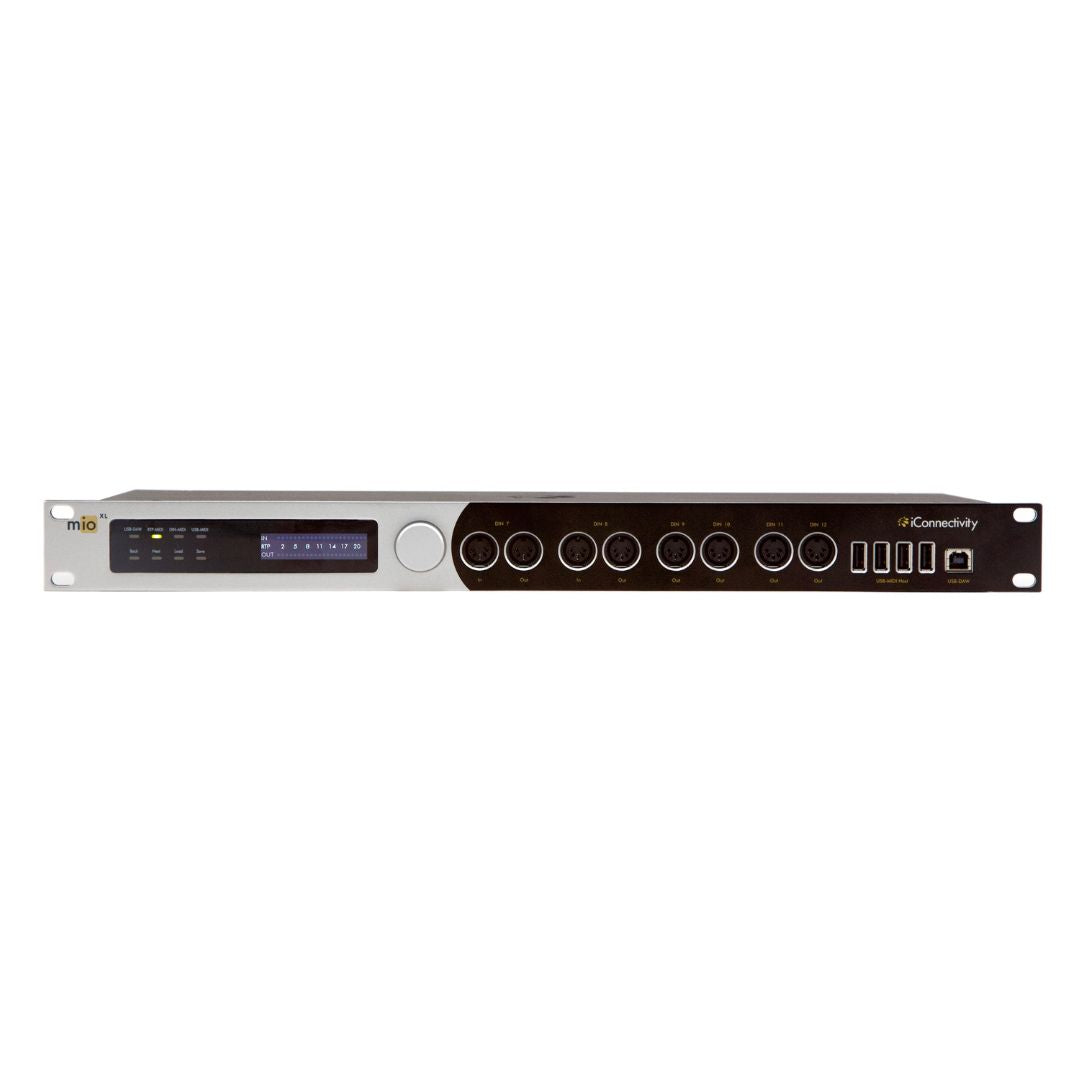 Audio mixer console with multiple knobs and a display on a white background