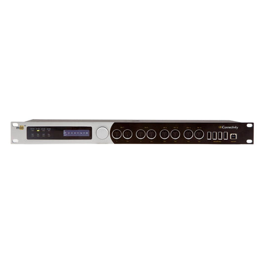 Audio mixer console with multiple knobs and a display on a white background