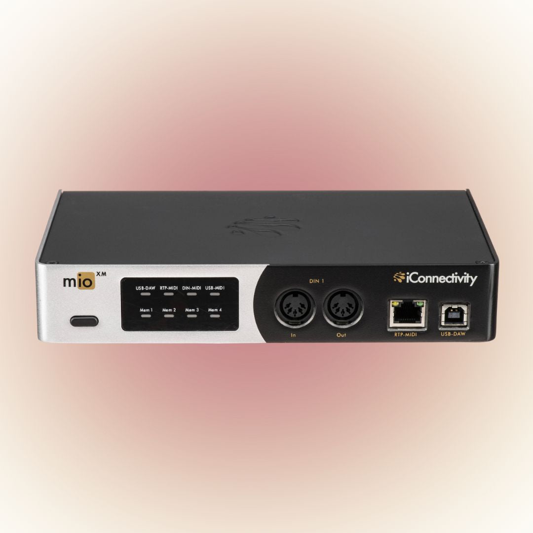 Black electronic device with connectivity ports on a gradient background