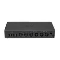 Black audio interface with multiple ports on a white background